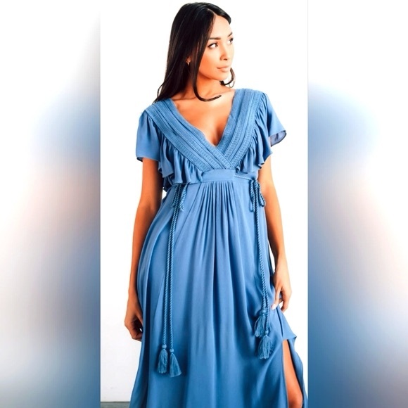 Baltic Born Jennifer Deep V Whisper Blue Boho Side Tie Tassel Maxi Dress Slit L - Picture 2 of 9